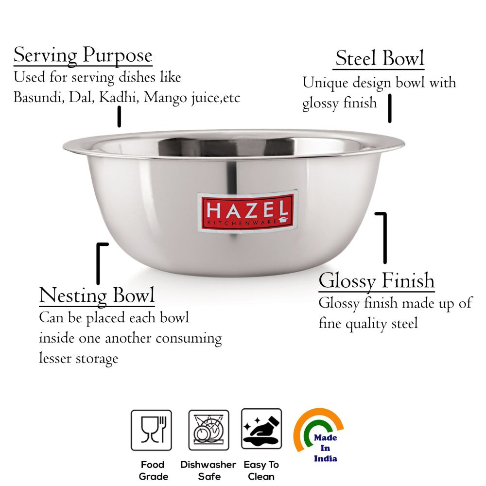 The bowl with callouts for its serving purpose, unique steel bowl design, nesting capability, and glossy finish.