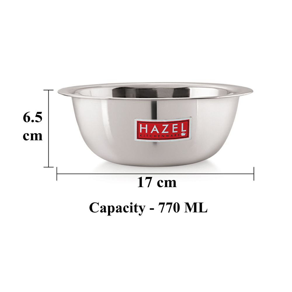 A bowl annotated with 6.5 cm height, 17 cm diameter, and 770 ML capacity dimensions.