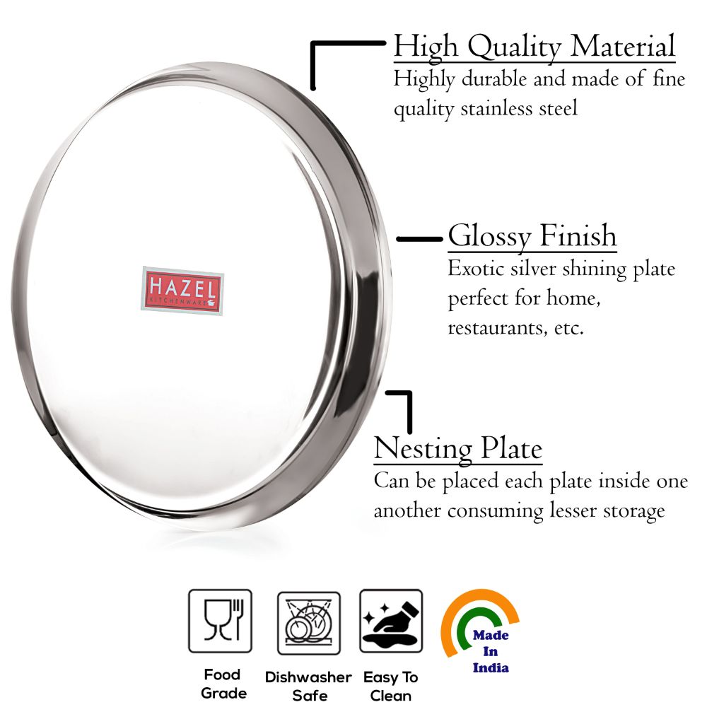 Mirror Finish Stainless Steel Dinner Plate, 25.5 cm