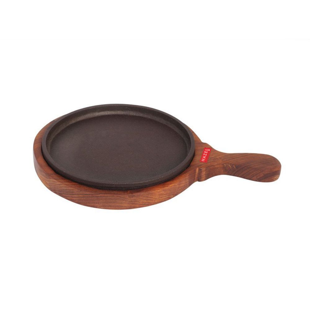 Round Cast Iron Sizzler Plate with Wooden  Base & Handle (8inch)