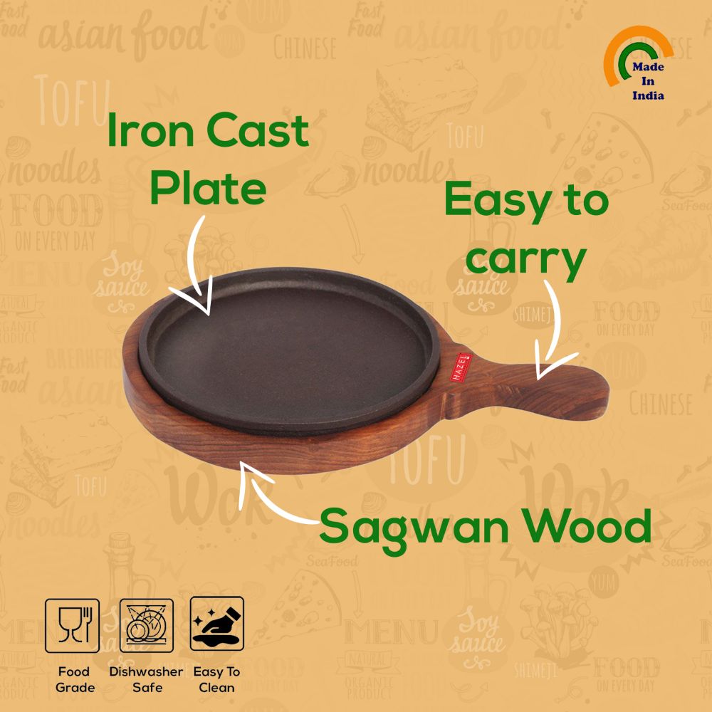 Round Cast Iron Sizzler Plate with Wooden  Base & Handle (8inch)