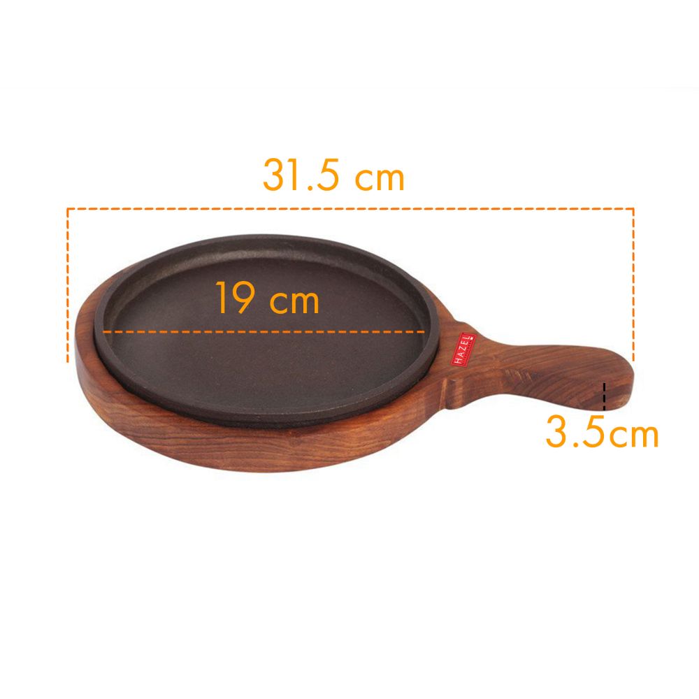 Round Cast Iron Sizzler Plate with Wooden  Base & Handle (8inch)