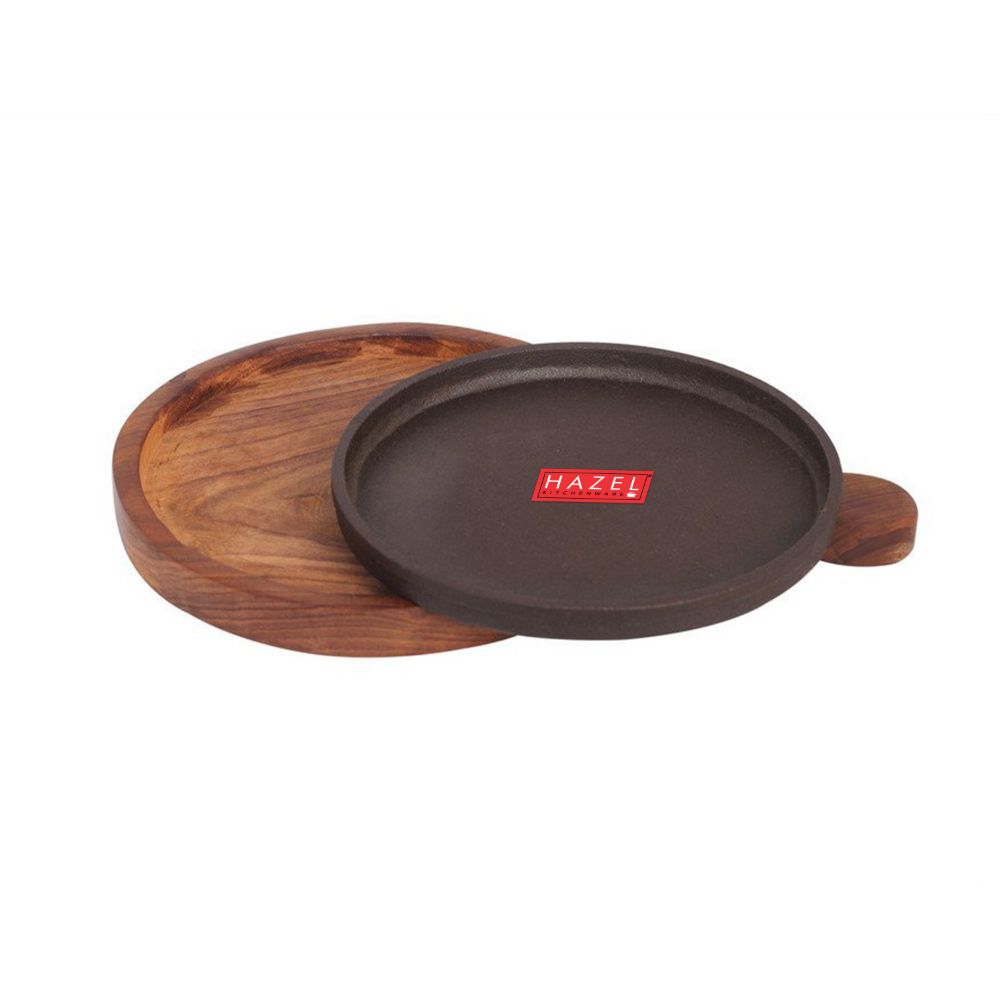 Round Cast Iron Sizzler Plate with Wooden  Base & Handle (8inch)