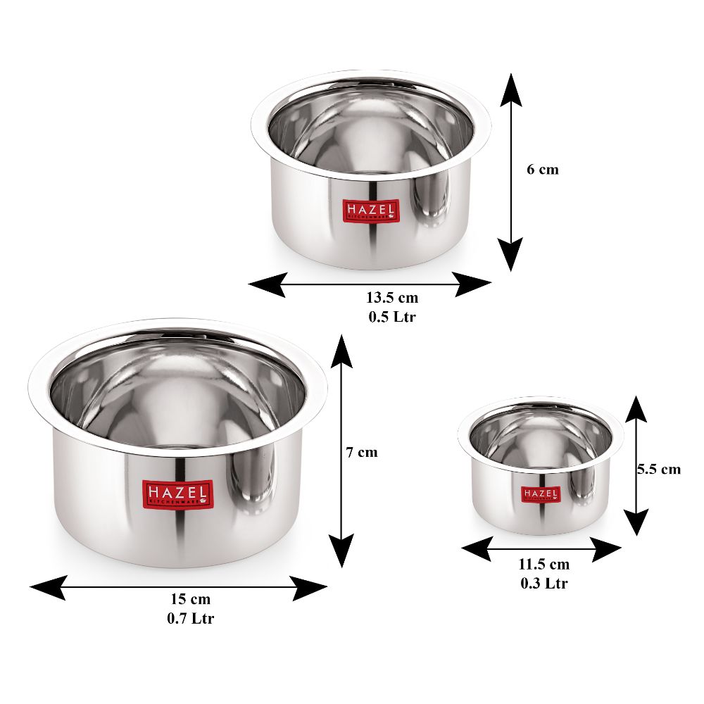 Stainless Steel Patila (Tope) Flat Bottom Set of 3 – 300ML, 500ML & 700ML