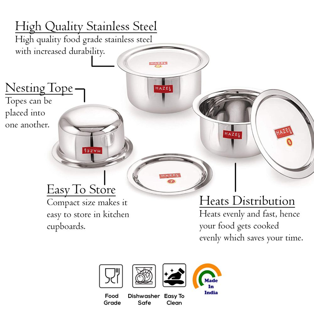 Stainless Steel Patila (Tope) Round Bottom Set of 3, 300ML, 500ML & 800ML
