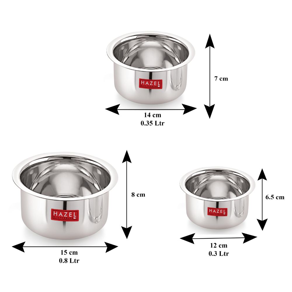 Stainless Steel Patila (Tope) Round Bottom Set of 3, 300ML, 500ML & 800ML