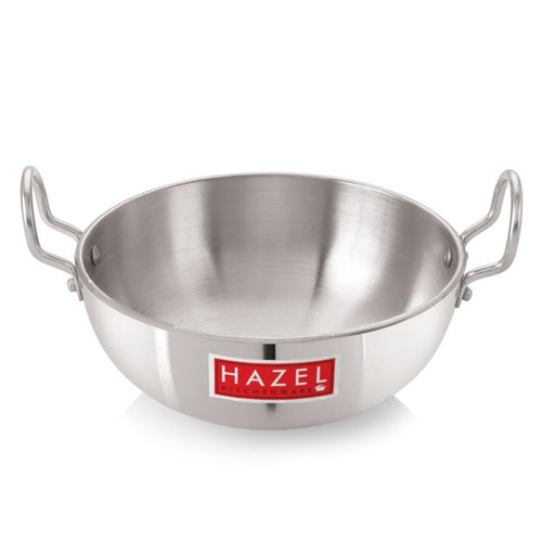 Empty aluminium kadai with two handles shown front-on against a white background.