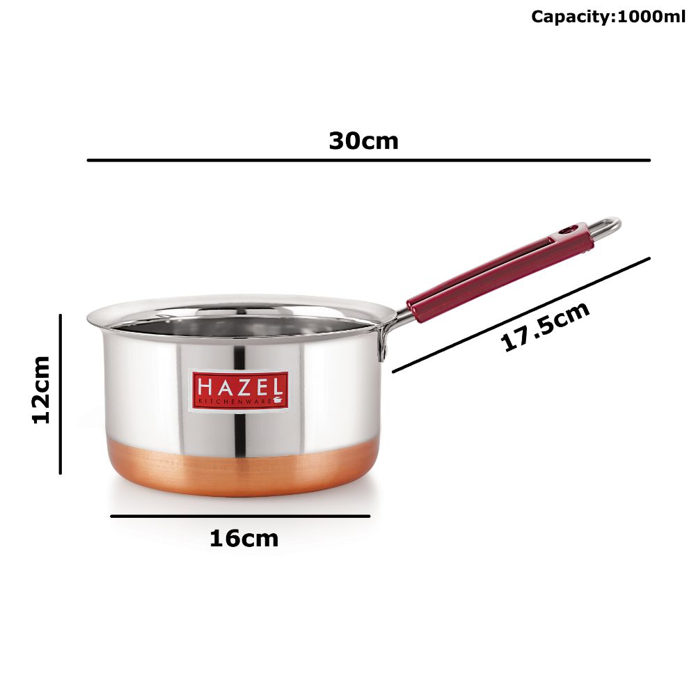 Copper Bottom Stainless Steel Tea Pan with Fixed Rubber Handle - 1000 ML