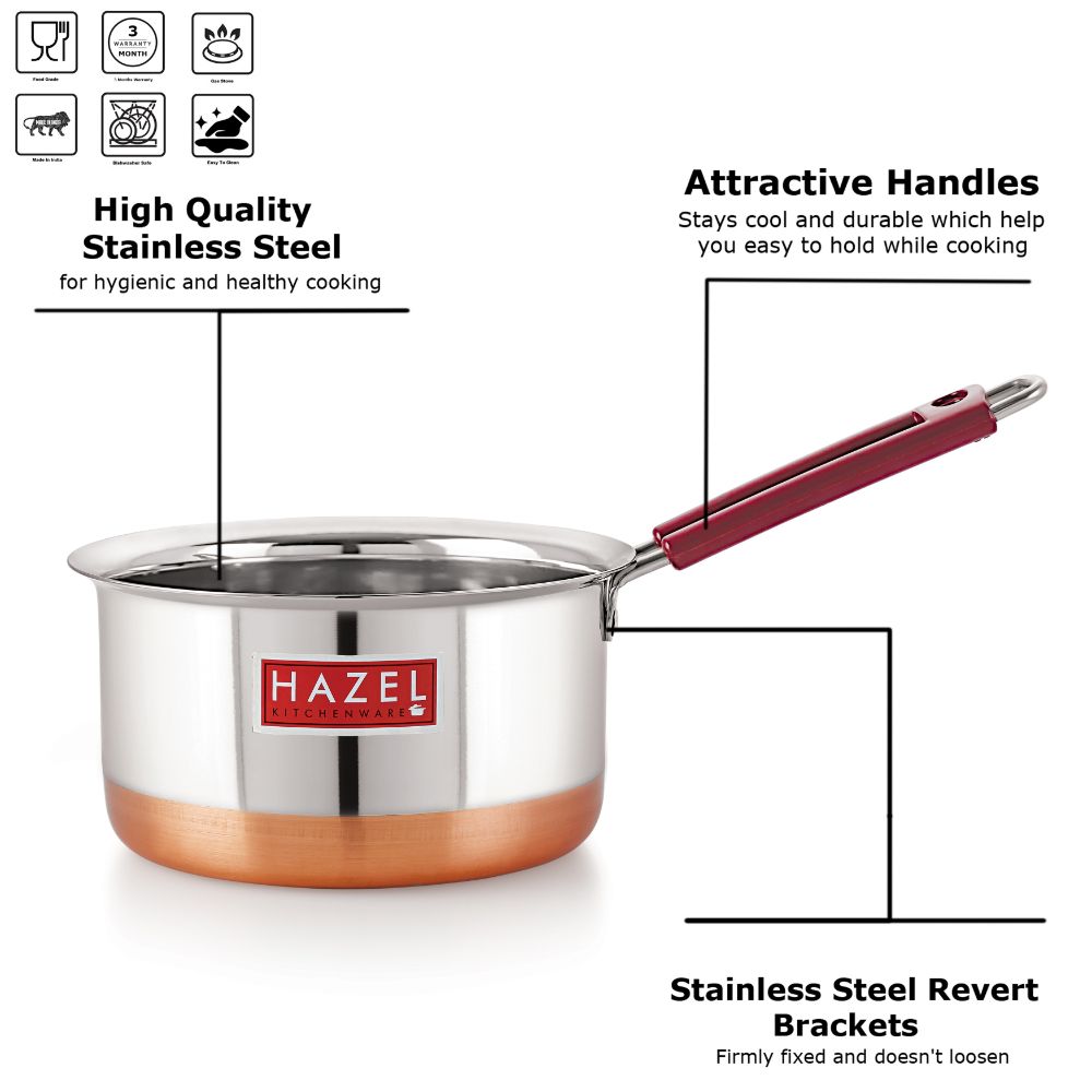 Copper Bottom Stainless Steel Tea Pan with Fixed Rubber Handle  - 1300 ML