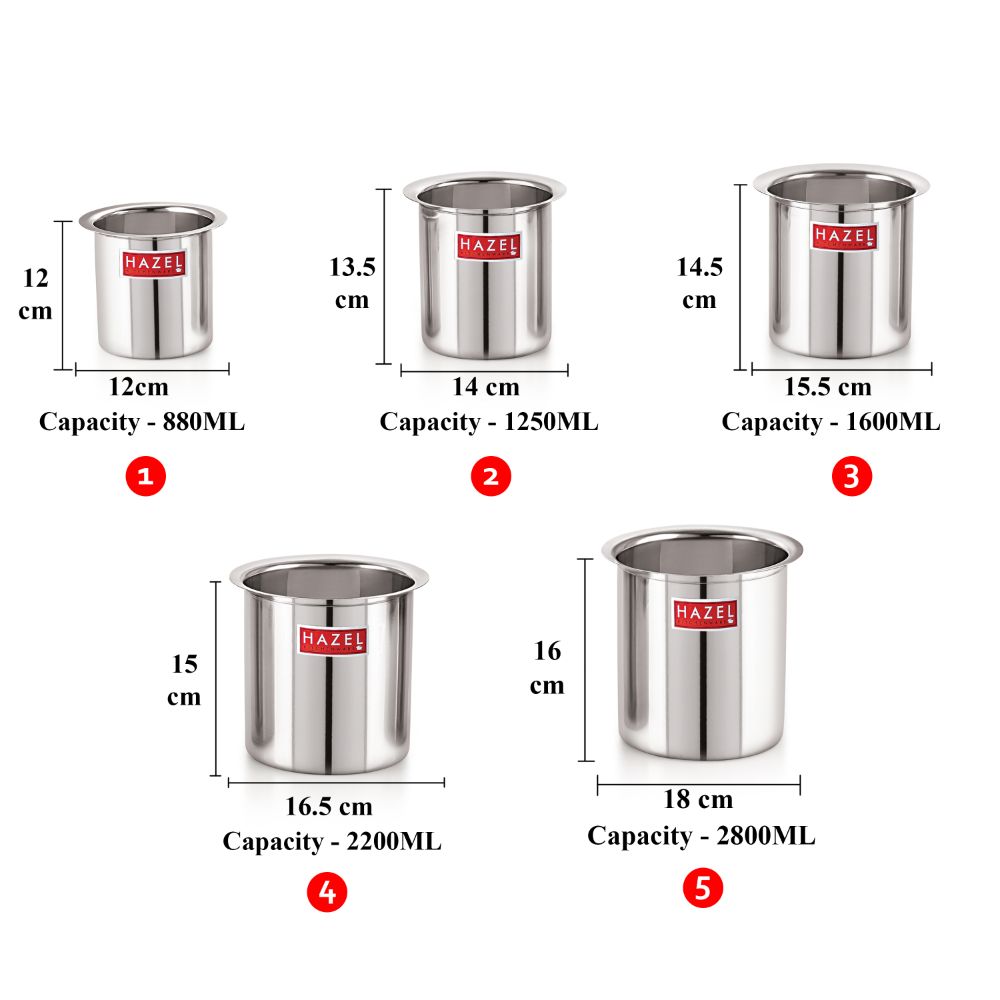 Stainless Steel Milk Boiler /Gunj Set of 5 - 880ML, 1250ML, 1600ML, 2200ML, 2800ML