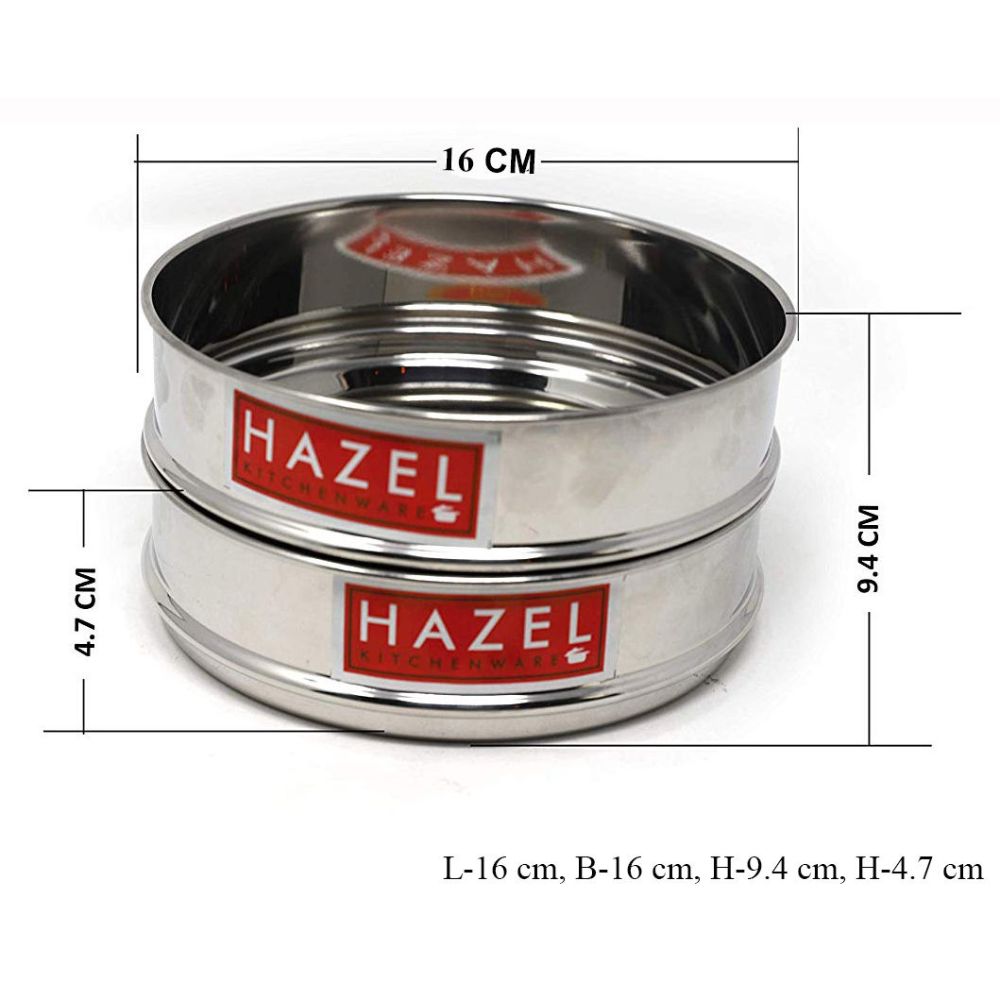 The stacked dabbas are annotated with dimensions of 16 cm length and width, 9.4 cm and 4.7 cm heights.