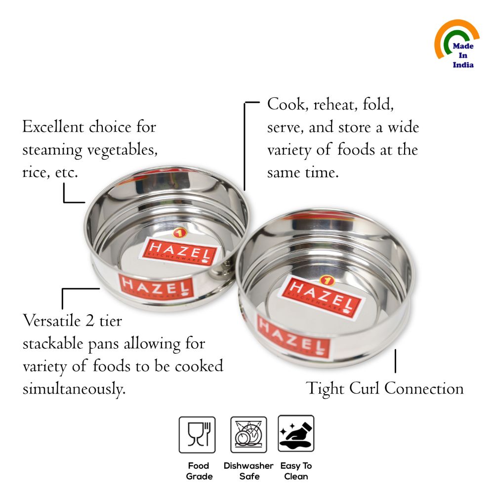 The two stacked dabbas shown with callouts describing them as a versatile 2-tier stackable set for cooking