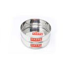 Two empty stainless steel flat dabbas nested tightly together, shown on a plain white background.