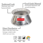Kadai annotated with feature callouts: traditional look, material, and heat distribution