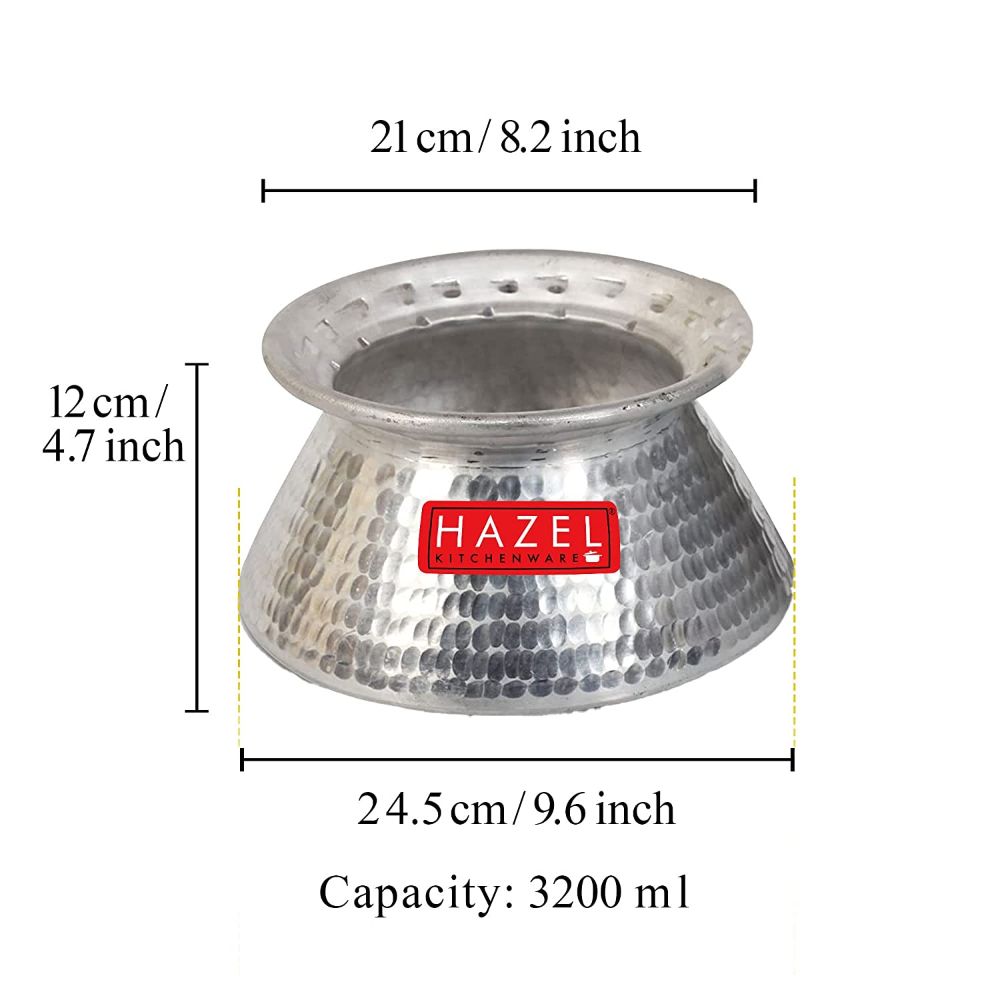 Aluminium kadai with dimension callouts of 21cm top diameter, 12cm height, 24.5cm base diameter, and 3200ml capacity.