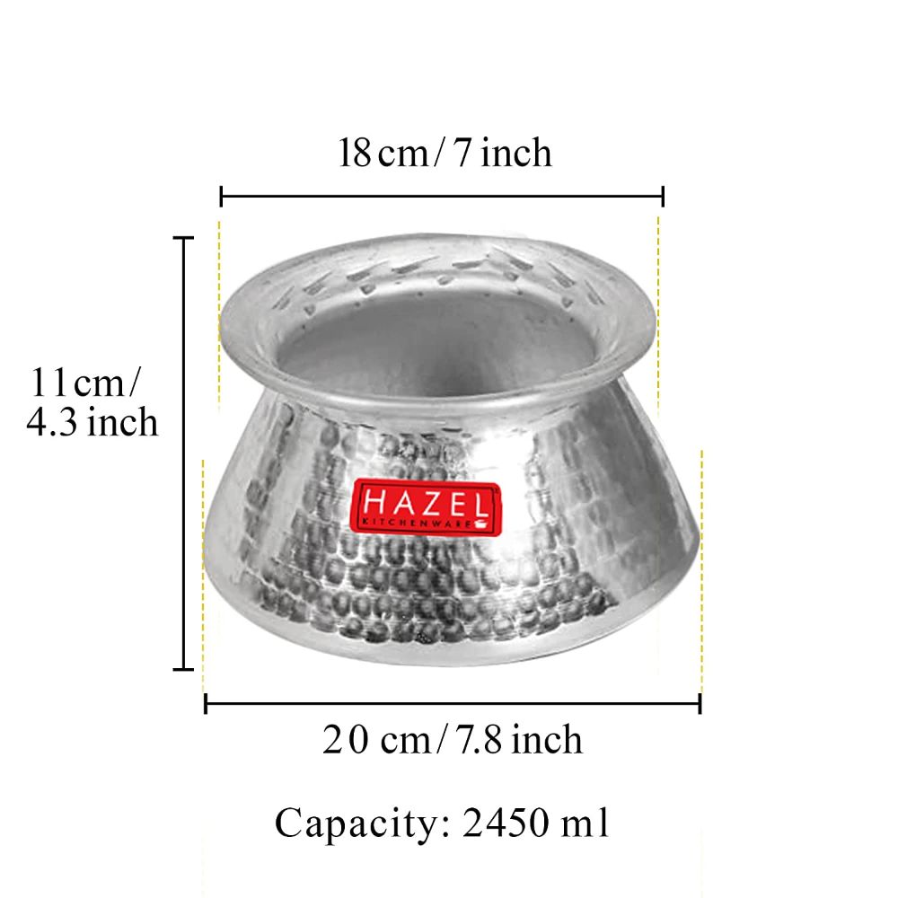 Kadhai annotated with 18cm top diameter, 11cm height, 20cm base diameter, and 2450ml capacity measurements.