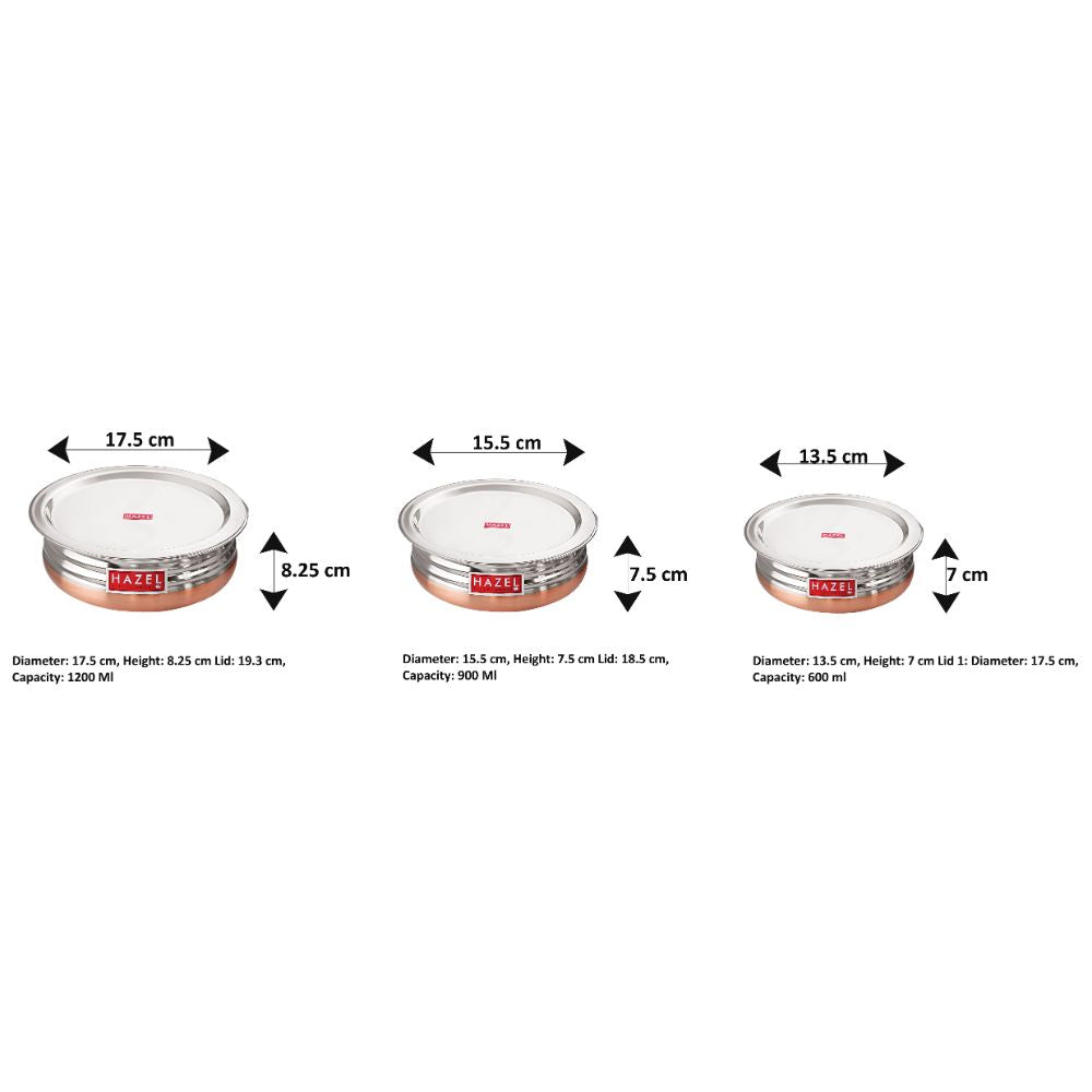 Copper Bottom Urli Handi Set - Set of 3 (600ML, 800ML, 1200ML)