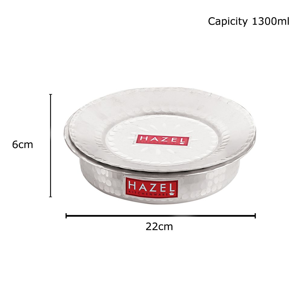Bhagona with lid annotated with dimension callouts showing 22 cm diameter, 6 cm height, and 1300ml capacity.