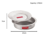 Dimension diagram of the dekchi and lid showing 7 cm height and 23 cm diameter, with a capacity of 1700 ml.
