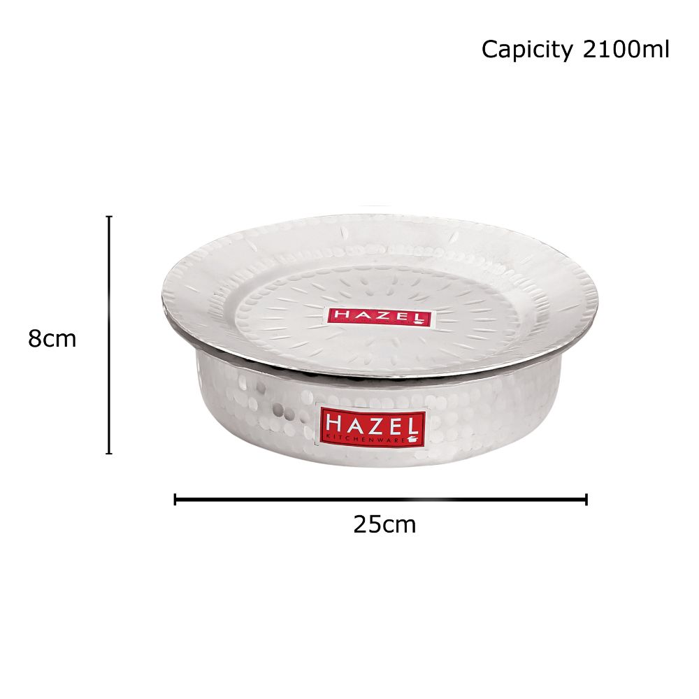 Patila with lid annotated with dimension callouts showing 25 cm diameter, 8 cm height, and 2100 ml capacity.