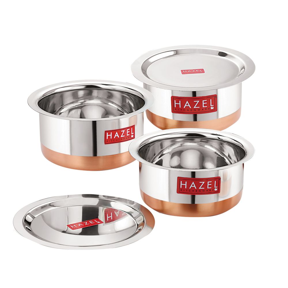 Stainless Steel Copper Bottom Tope with Lid – Set of 3 ( 1 L, 1.5 L, 1.9 L)