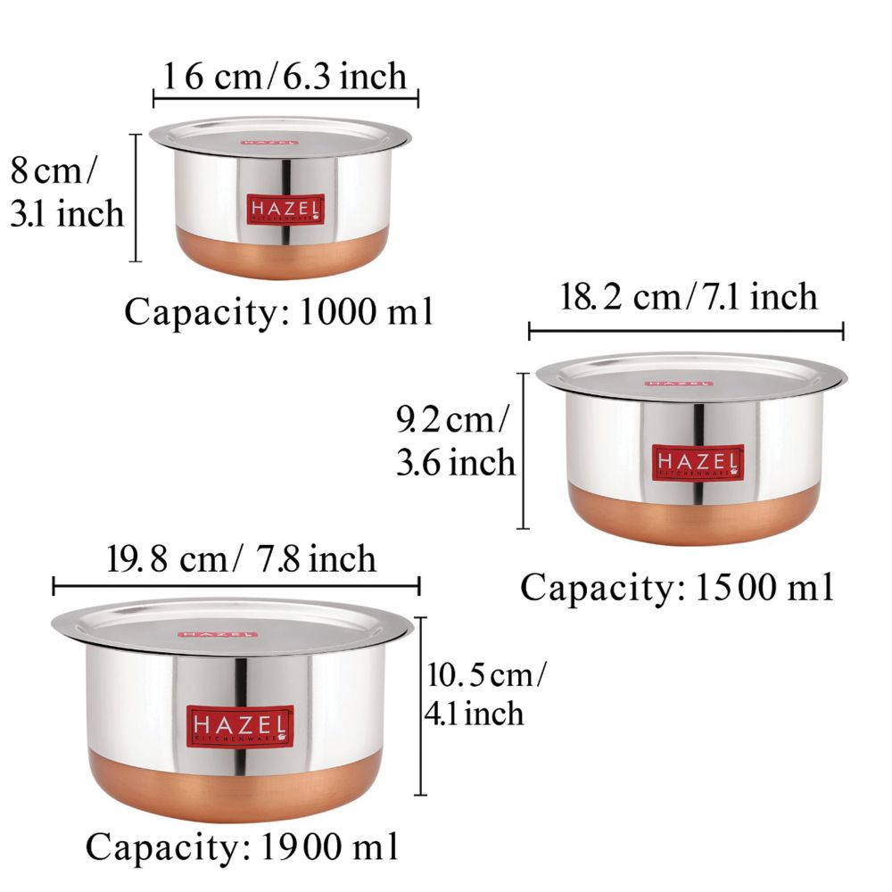 Stainless Steel Copper Bottom Tope with Lid – Set of 3 ( 1 L, 1.5 L, 1.9 L)
