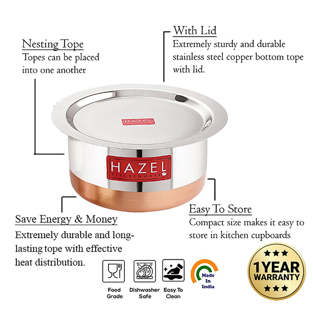 Copper Bottom Stainless Steel Tope Set with Lid - Set of 5 (1 L, 1.5 L, 1.9 L, 2.4 L and 3 L)