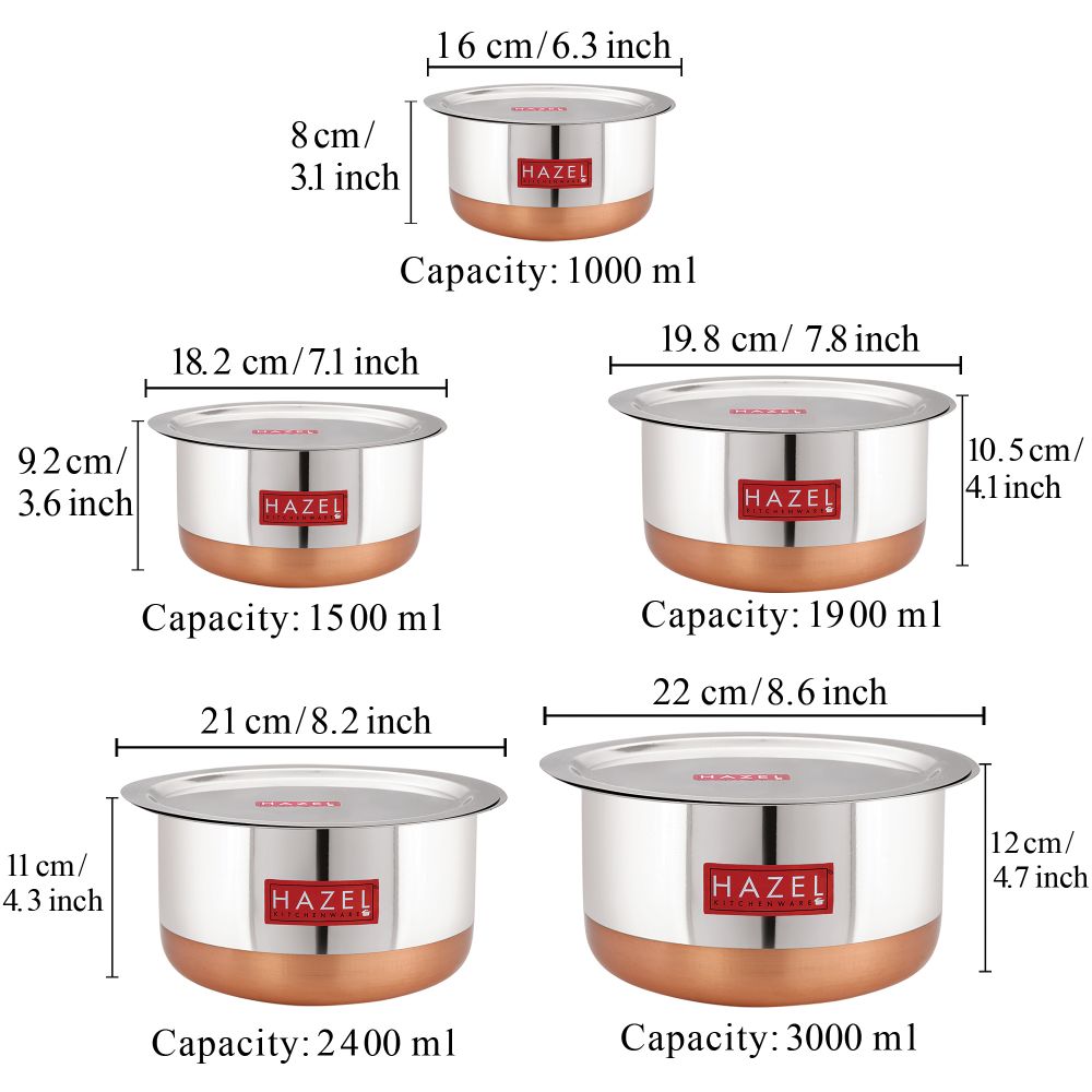 Copper Bottom Stainless Steel Tope Set with Lid - Set of 5 (1 L, 1.5 L, 1.9 L, 2.4 L and 3 L)