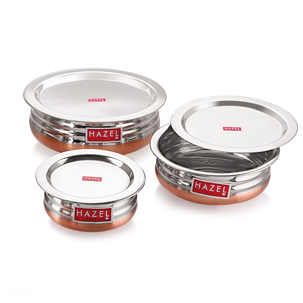 Marketing graphic labeling the urli's multipurpose usage, easy washability, glossy finish, lid, and copper bottom features.