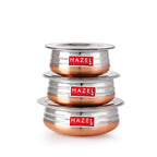 Two copper-bottom urlis with their lids placed separately above them, arranged in a grouping on a white background.
