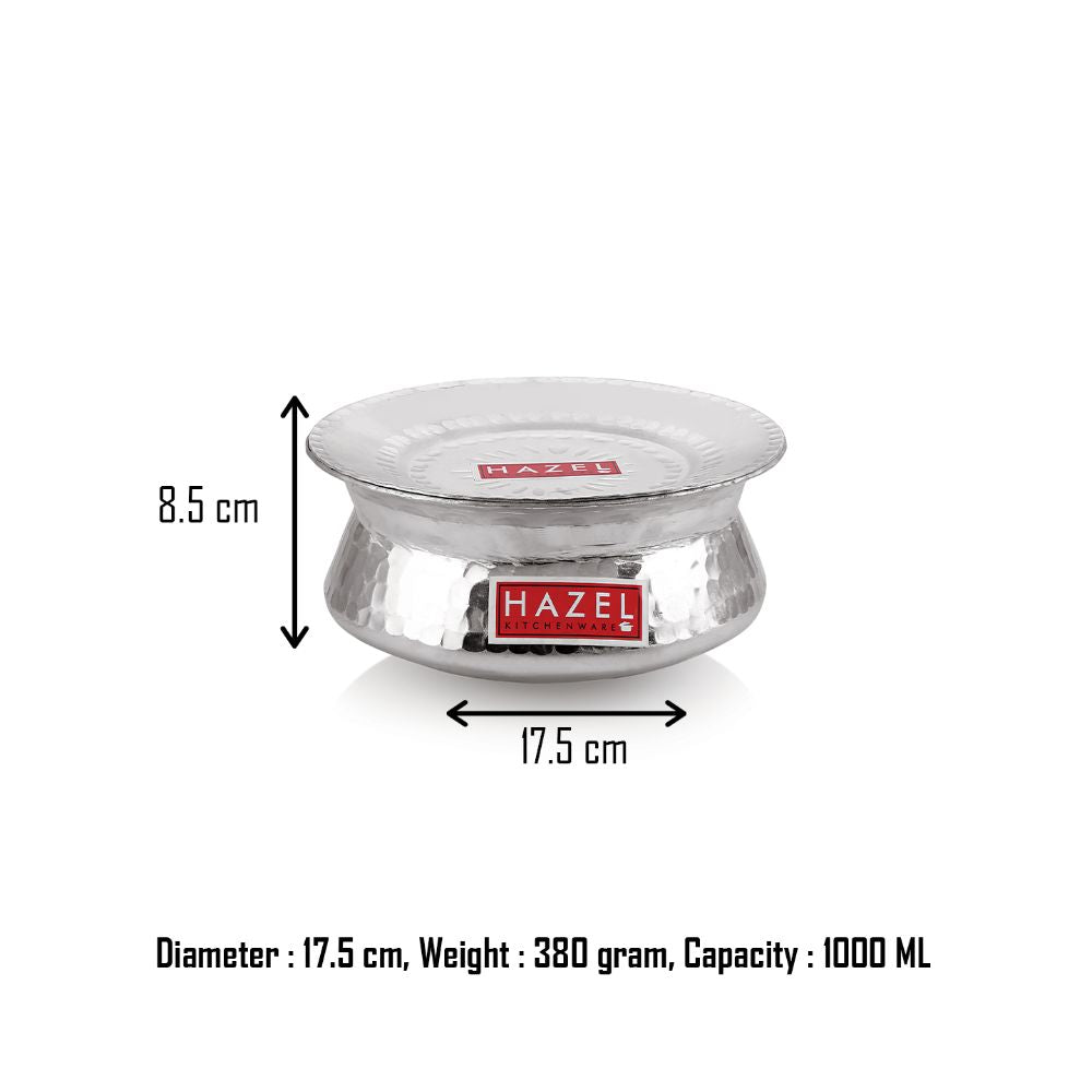 Single handi with dimension callouts showing 8.5 cm height, 17.5 cm diameter, 380 gram weight, and 1000 ml capacity.