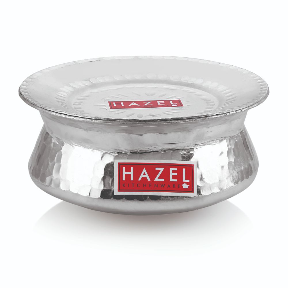 Hammered aluminium handi with its domed hammered lid on, shown at a similar angle on a white background.