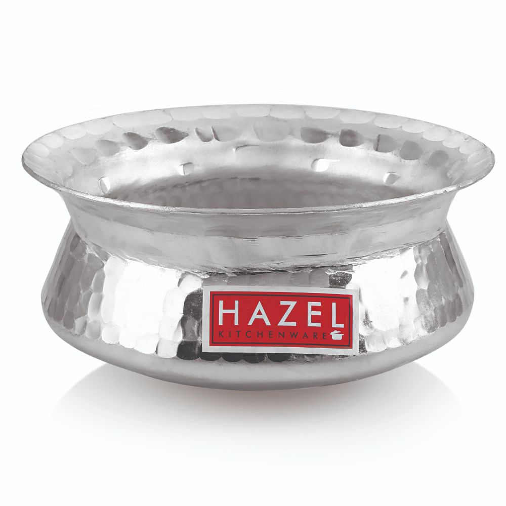 Assembled hammered aluminium handi with lid on, shown at a front angle on a white background.
