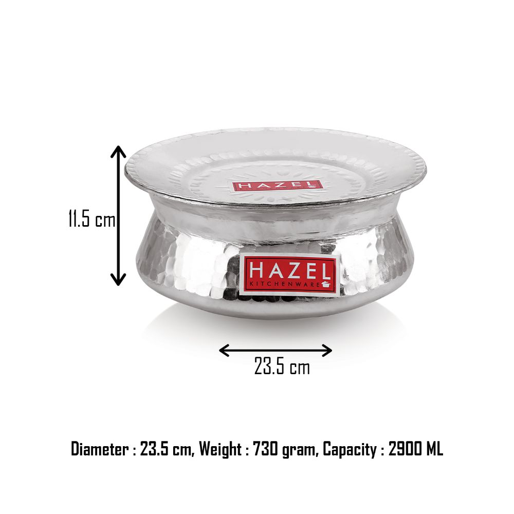 Hammered handi with 11.5 cm height, 23.5 cm diameter, 730 g weight, and 2900 ML capacity.