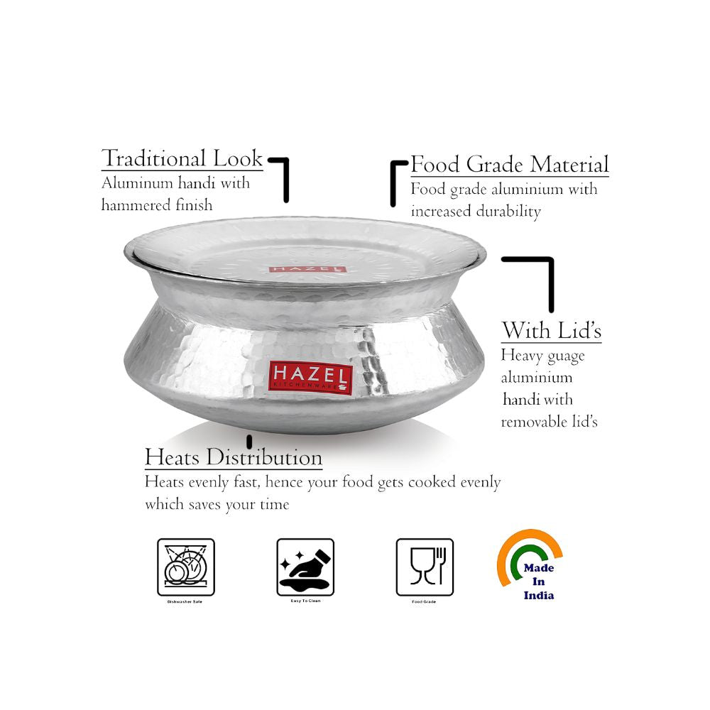 Handi with callouts for traditional hammered look, aluminium, removable lid, and plus icons.
