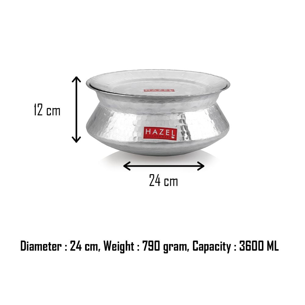 Handi annotated with 12 cm height, 24 cm diameter, 790 gram weight, and 3600 ml capacity.