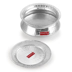Hammered aluminium handi with its flat lid separated and placed beside it on a white background.