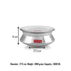 Handi with lid annotated with 14 cm height and 27.5 cm diameter, plus weight and capacity text.