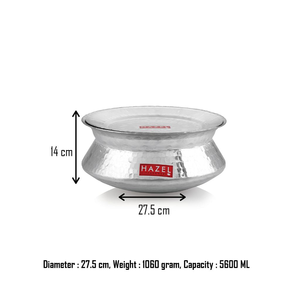 Handi with lid annotated with 14 cm height and 27.5 cm diameter, plus weight and capacity text.