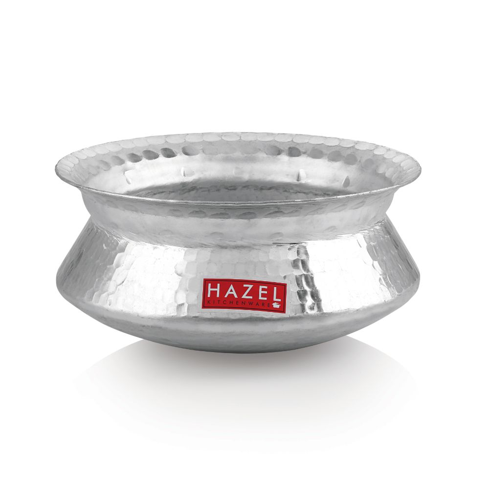 Empty hammered aluminium handi shown without its lid at an angle on a white background.