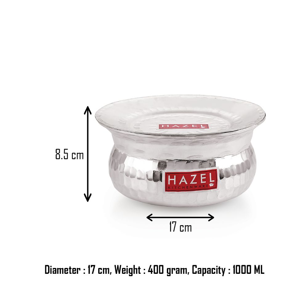 Handi with dimension callouts showing 8.5cm height, 17cm diameter, 400 gram weight, and 1000ML capacity.