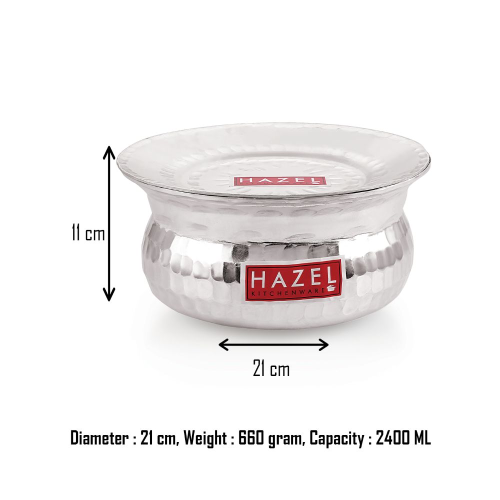 Handi with lid annotated with dimensions 11cm height, 21cm diameter, 660 gram weight, and 2400ML capacity.