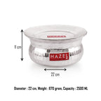 Handi annotated with 11 cm height and 22 cm diameter, with weight of 670 grams and 2500 ML capacity noted below.
