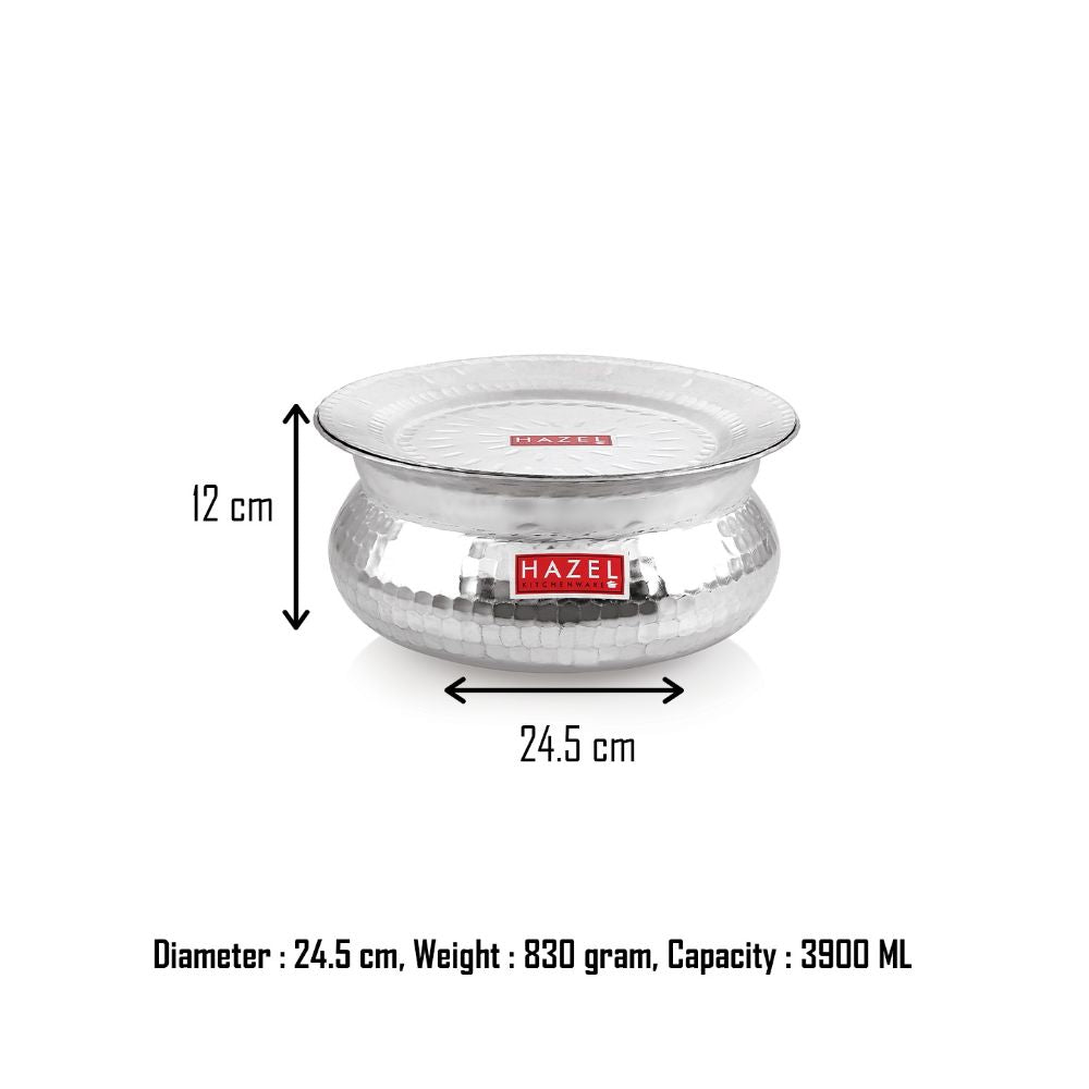The handi annotated with 12 cm height, 24.5 cm diameter, 830 gram weight, and 3900 ML capacity.