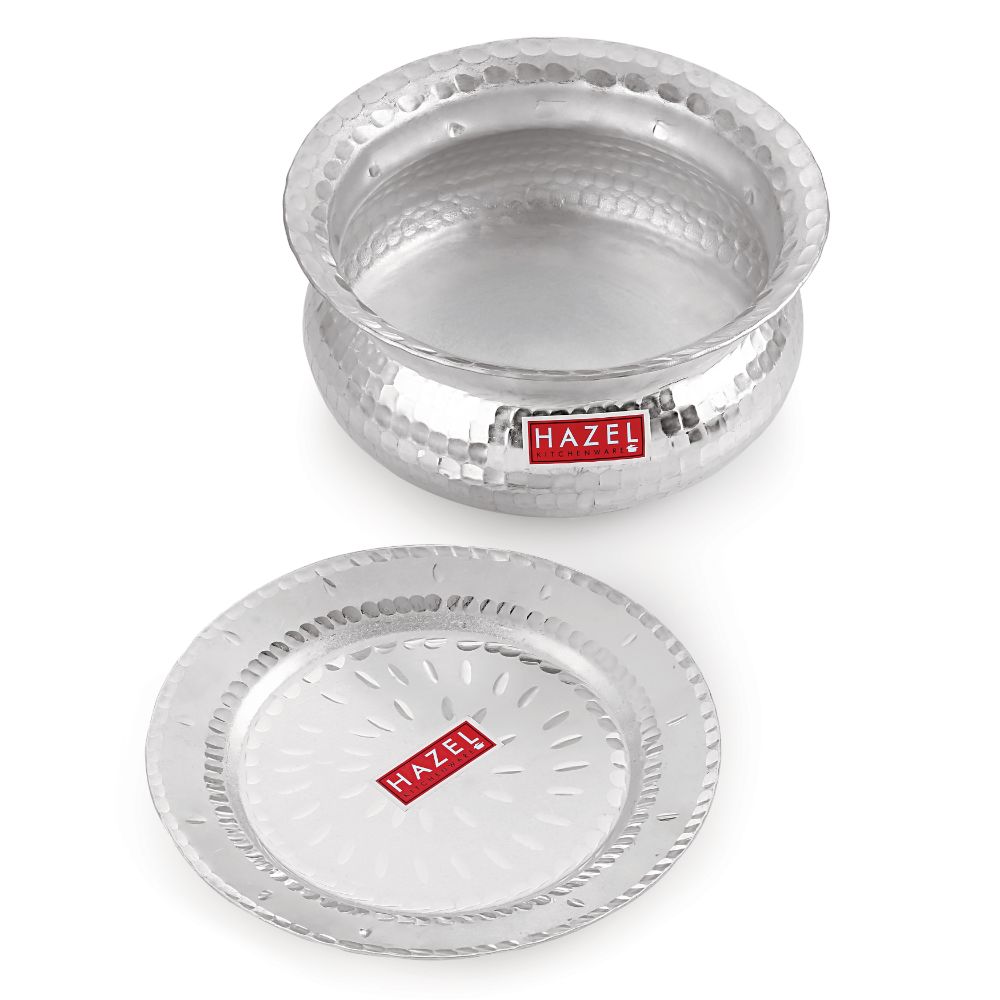 The open handi shown above its separate hammered lid on a white background.