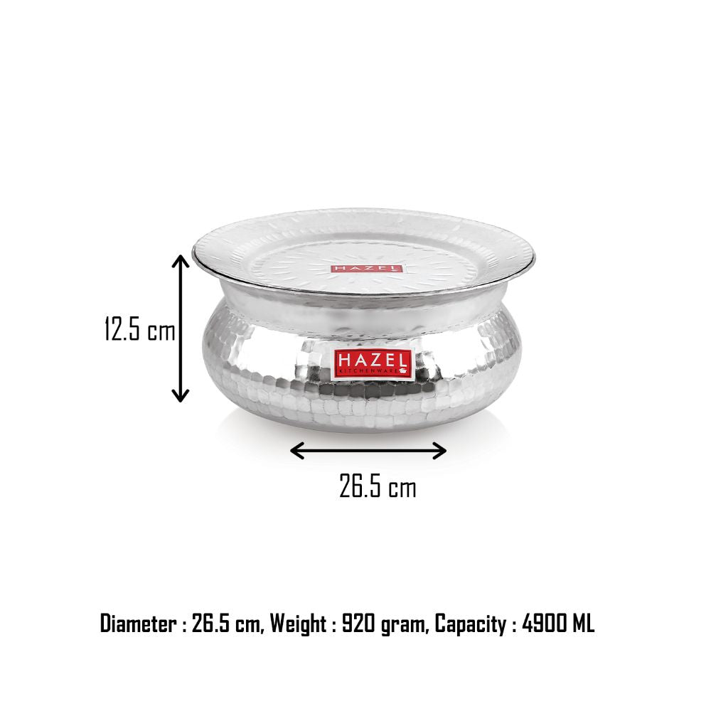 Handi with lid annotated with height (12.5 cm) and diameter (26.5 cm), weight (920 gram), and capacity (4900 ML).