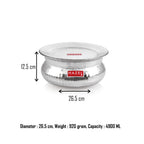 Handi with lid annotated with height (12.5 cm) and diameter (26.5 cm), weight (920 gram), and capacity (4900 ML).