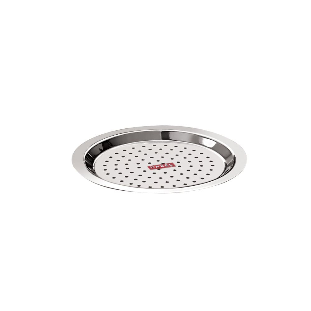 Perforated stainless steel lid with red HAZEL label, shown at a tilted angle on a white background.
