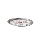 Single empty perforated stainless steel cover lid with holes, shown at a slight angle on a white background.