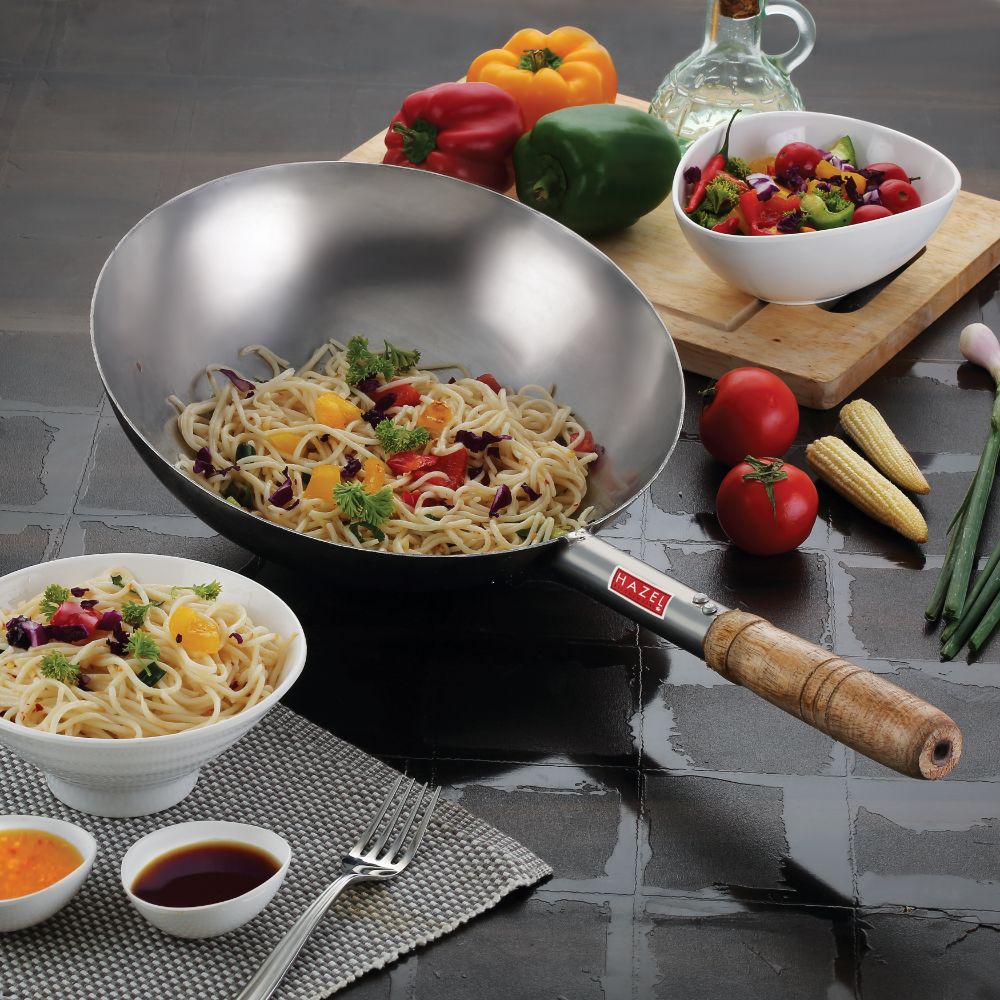 Stainless Steel Chinese Wok Kadhai, Wooden Handle, 30.5 cm, 3500 ML